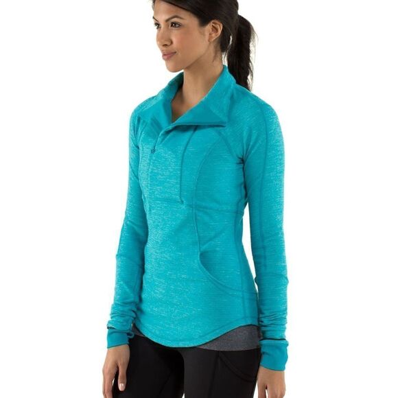 Lululemon base runner Mini Check Pique Surge Heathered Turquoise Pullover Sz 6 - Picture 1 of 16